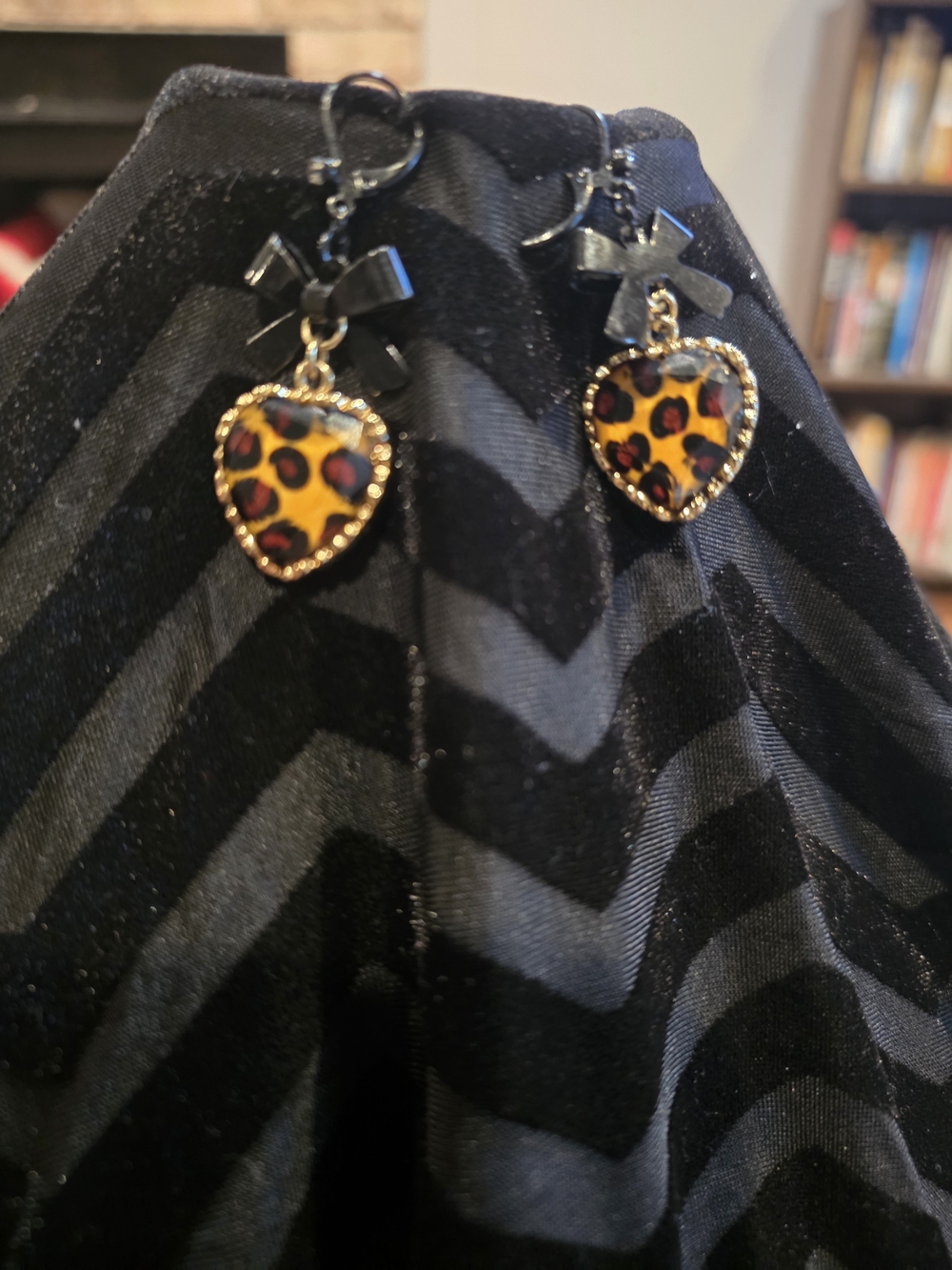 Leopard Heart Drop Earrings with Black Bow Accents
